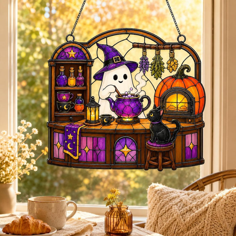Ghost Witch and Black Cat Acrylic Suncatcher, Window Hanging, Cat Lover Gift, Halloween Home