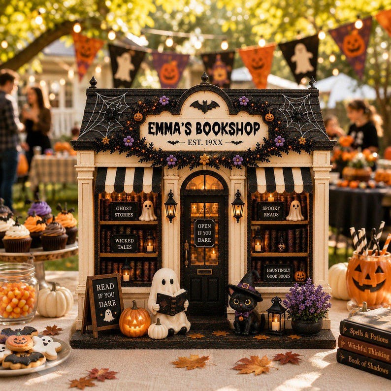 Personalized Reading Ghost Bookshop Wood Sign, Custom Miniature Spooky Bookstore Shelf Display