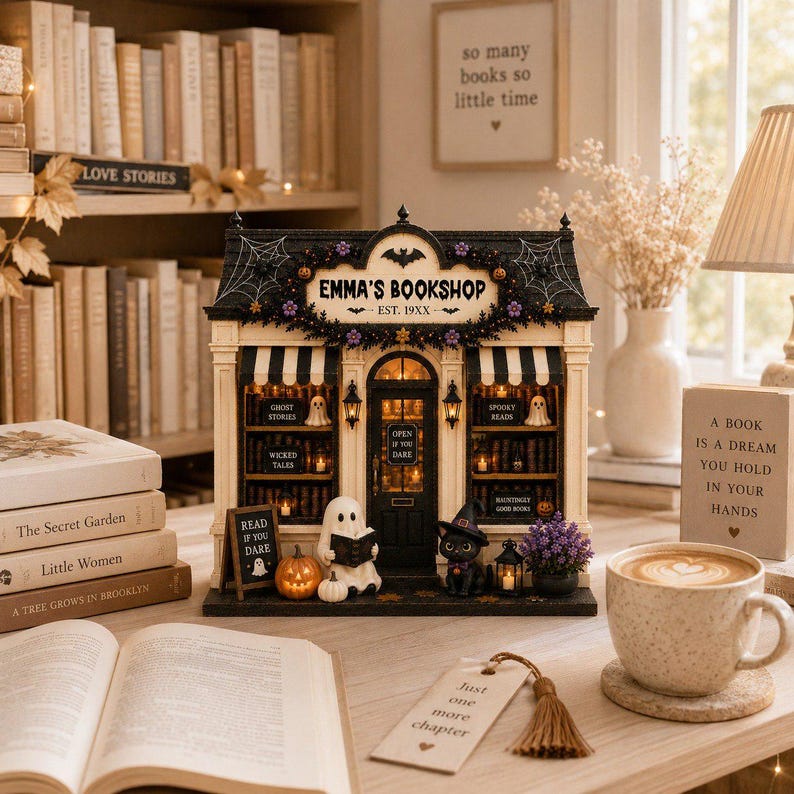 Personalized Reading Ghost Bookshop Wood Sign, Custom Miniature Spooky Bookstore Shelf Display