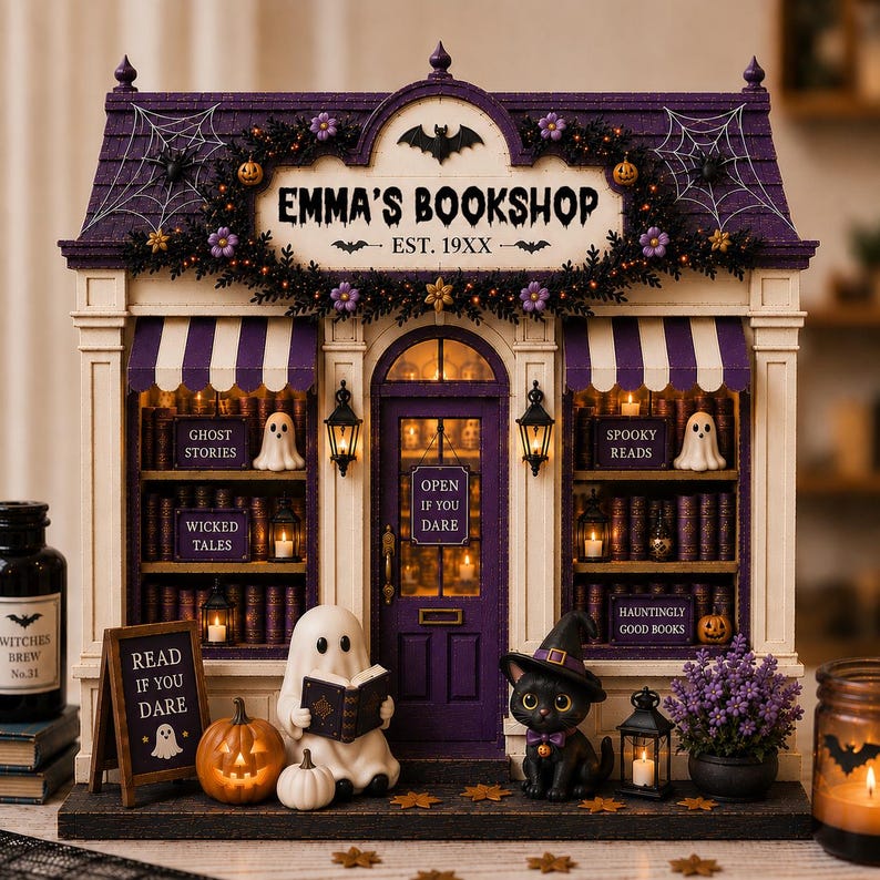 Personalized Reading Ghost Bookshop Wood Sign, Custom Miniature Spooky Bookstore Shelf Display