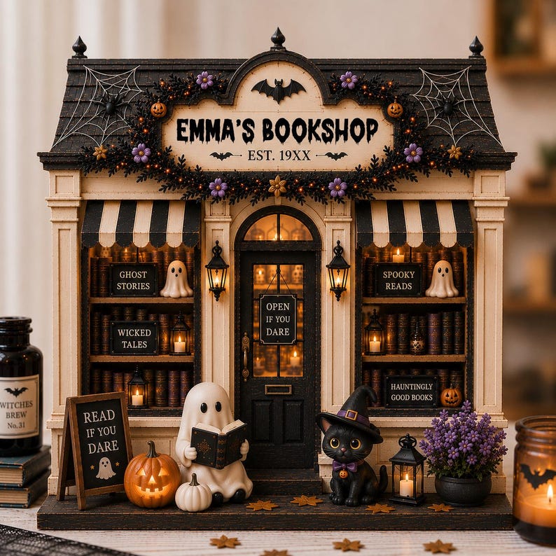 Personalized Reading Ghost Bookshop Wood Sign, Custom Miniature Spooky Bookstore Shelf Display