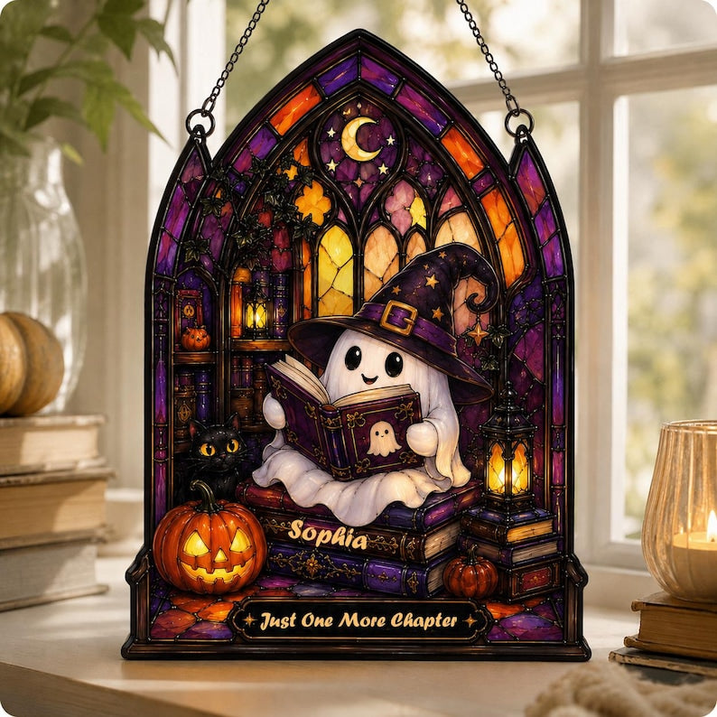 Personalized Reading Ghost Acrylic Suncatcher, Custom Spooky Ghost Window Hanging, Reading Nook Ornament