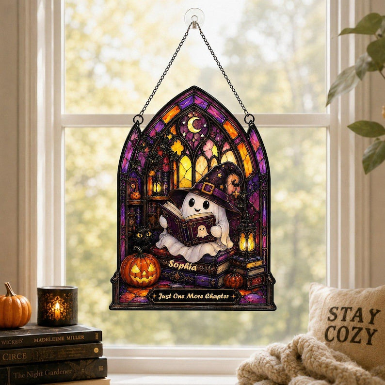 Personalized Reading Ghost Acrylic Suncatcher, Custom Spooky Ghost Window Hanging, Reading Nook Ornament