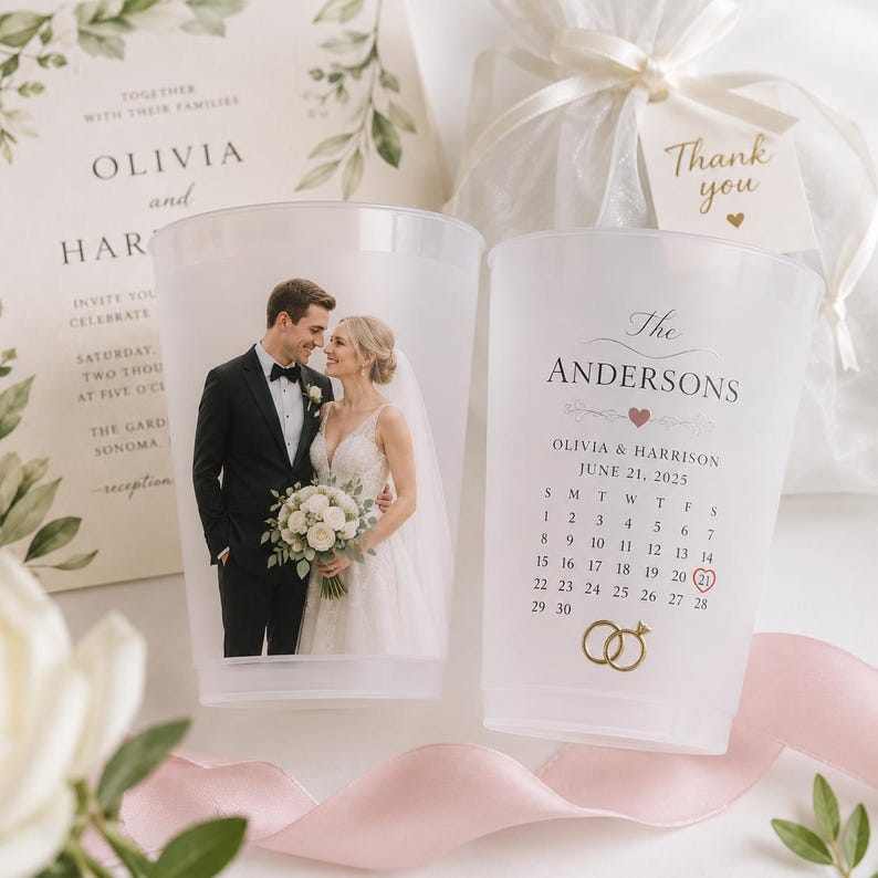Custom Wedding Photo Cups, Personalized Frosted Cups with Date, Favors