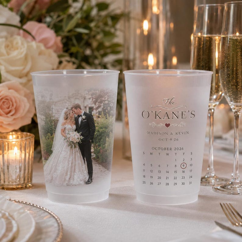 Custom Wedding Photo Cups, Personalized Frosted Cups with Date, Favors