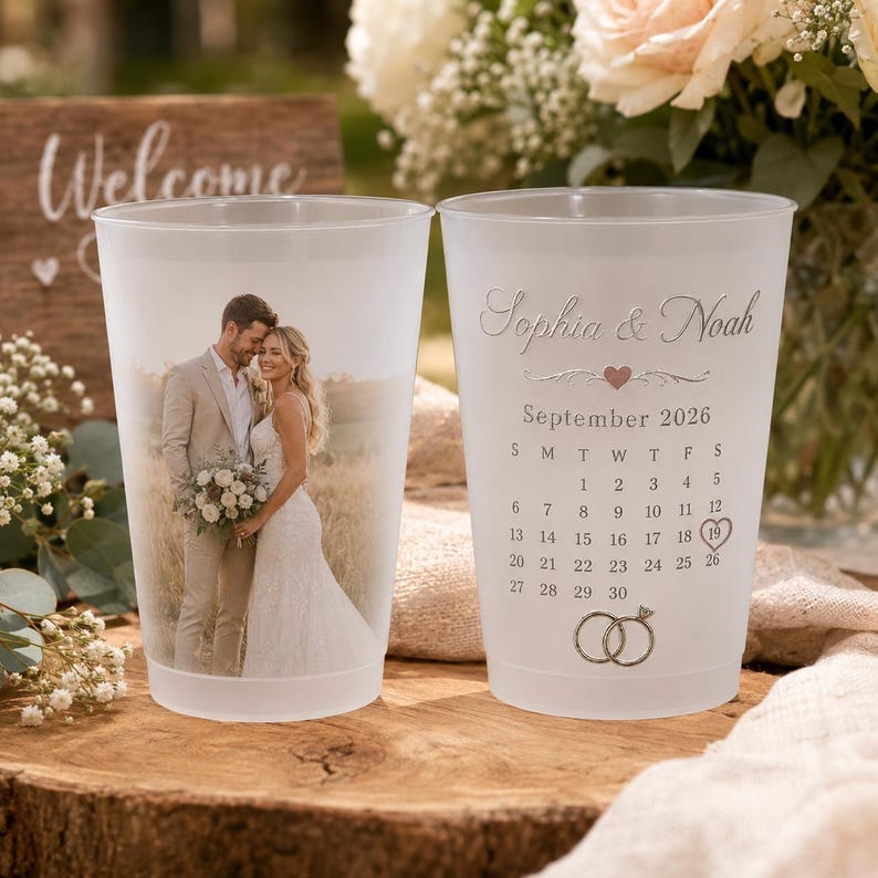 Custom Wedding Photo Cups, Personalized Frosted Cups with Date, Favors