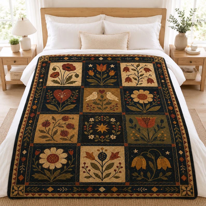 Folk Art Floral Quilt Blanket, Primitive Americana Botanical Bedspread, Farmhouse Decor