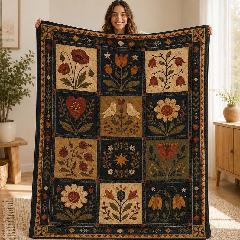 Folk Art Floral Quilt Blanket, Primitive Americana Botanical Bedspread, Farmhouse Decor