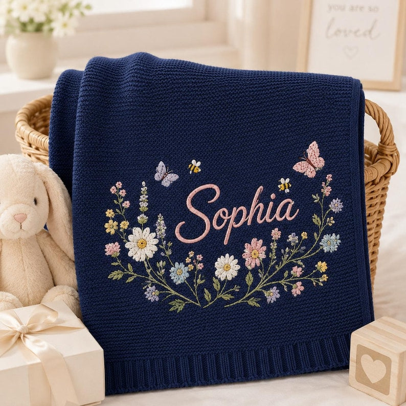 Personalized Floral Wreath Baby Blanket, Custom Name Embroidery with Butterflies & Bees, Soft Knit Newborn Keepsake