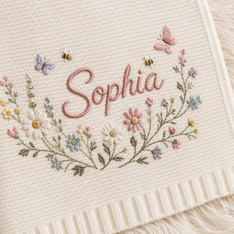 Personalized Floral Wreath Baby Blanket, Custom Name Embroidery with Butterflies & Bees, Soft Knit Newborn Keepsake