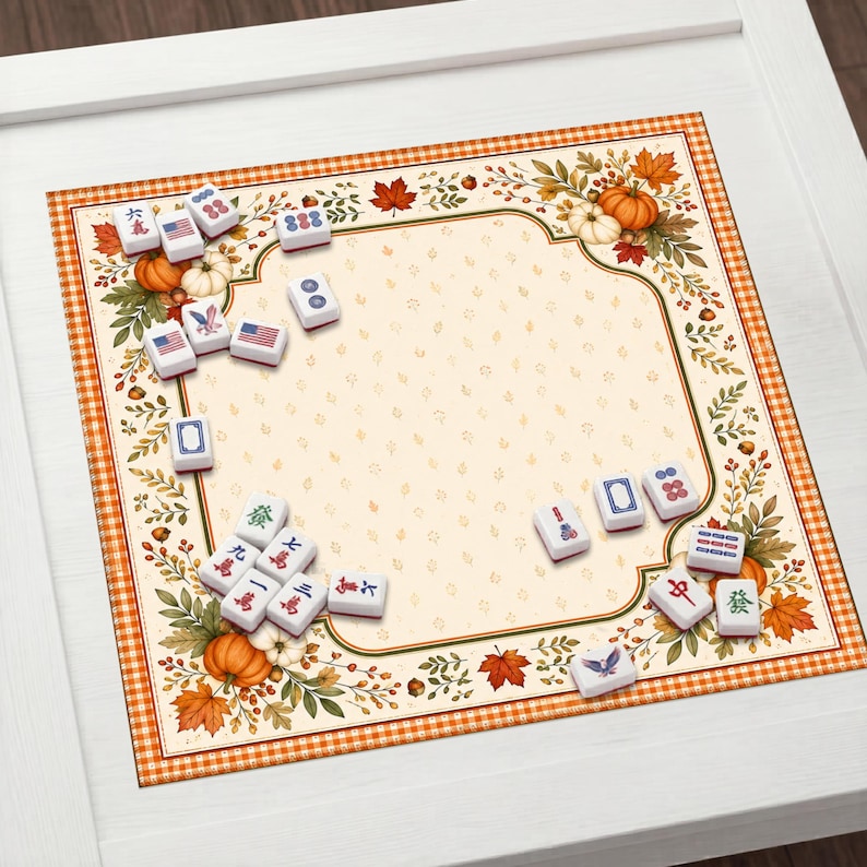 Classic Fall Pumpkin Mahjong Mat, Orange Gingham Table Runner, Autumn Harvest Game Pad