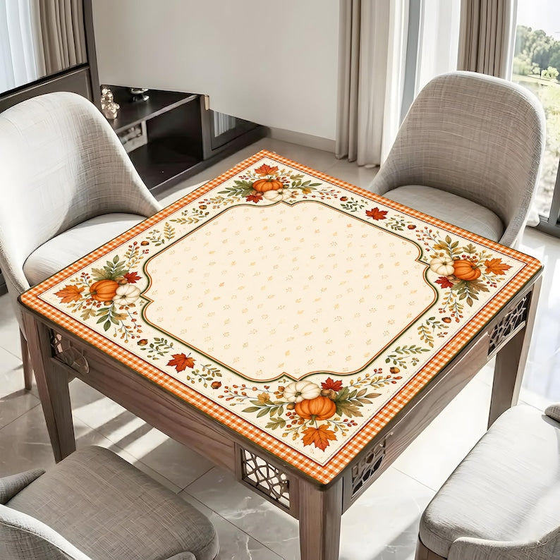 Classic Fall Pumpkin Mahjong Mat, Orange Gingham Table Runner, Autumn Harvest Game Pad