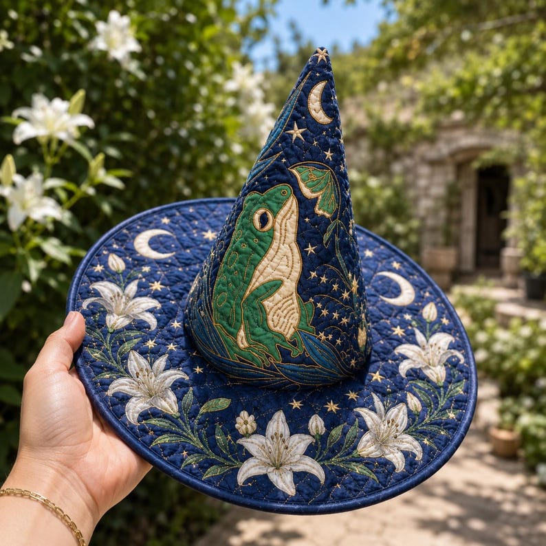 Witch Frog Hat, Quilted Halloween Princess Costume Cap, Celestial Lily Wizard Hat Festival Accessory
