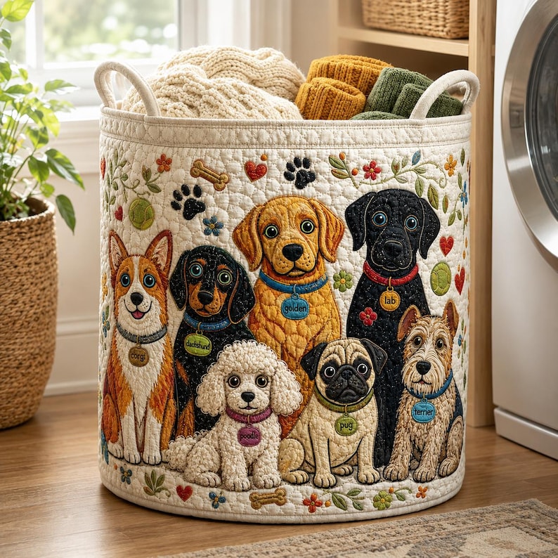 Quilted Dog Laundry Hamper, Whimsical Fabric Storage Basket, Toy Organizer