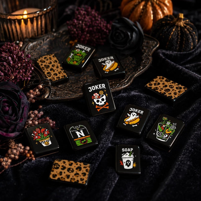 Halloween Mahjong Tiles Set Spooky Skull Bone, Festive Pumpkin Game Pieces, Hostess Mahjong Gift