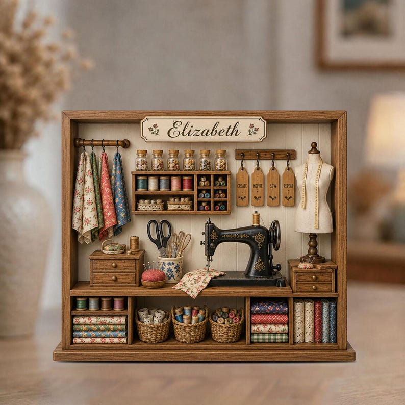 Personalized Sewing Room Shadow Box, Custom Quilting Wooden Block Decor, Sewing Machine Shelf Sitter, Seamstress Gift