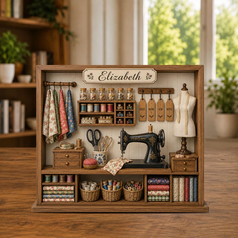 Personalized Sewing Room Shadow Box, Custom Quilting Wooden Block Decor, Sewing Machine Shelf Sitter, Seamstress Gift