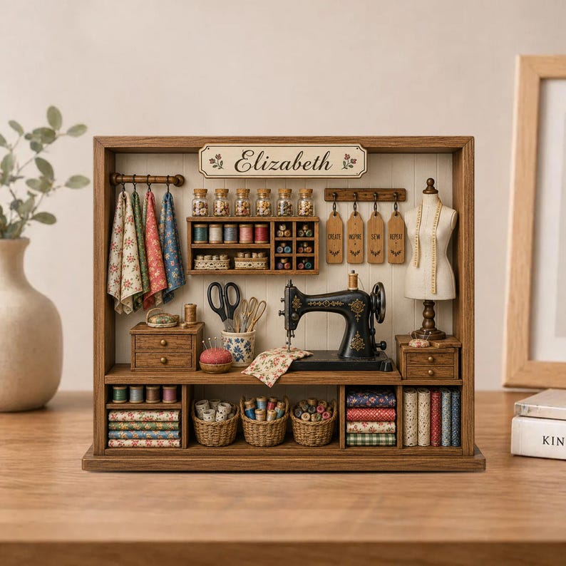 Personalized Sewing Room Shadow Box, Custom Quilting Wooden Block Decor, Sewing Machine Shelf Sitter, Seamstress Gift