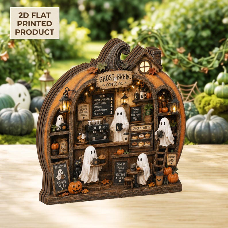 Halloween Ghost Coffee Shop 2D Flat Wooden Block, Pumpkin Cafe Shelf Decor, Spooky Fall Tabletop Sign