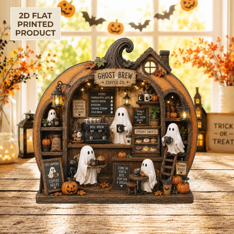 Halloween Ghost Coffee Shop 2D Flat Wooden Block, Pumpkin Cafe Shelf Decor, Spooky Fall Tabletop Sign