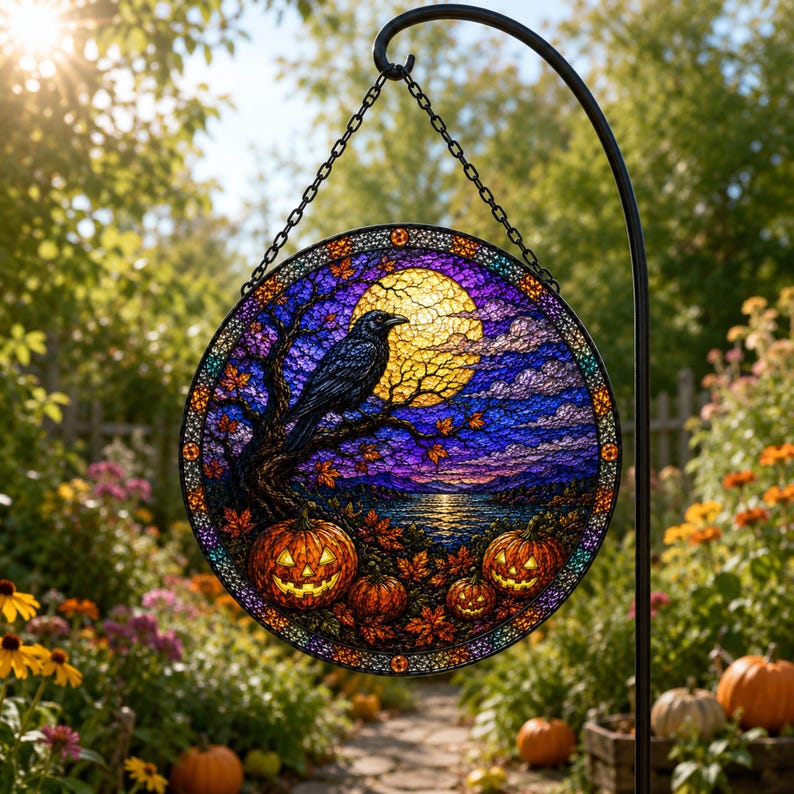 Halloween Stained Glass Suncatcher, Raven and Pumpkin Window Hanging, Full Moon Crow Decor