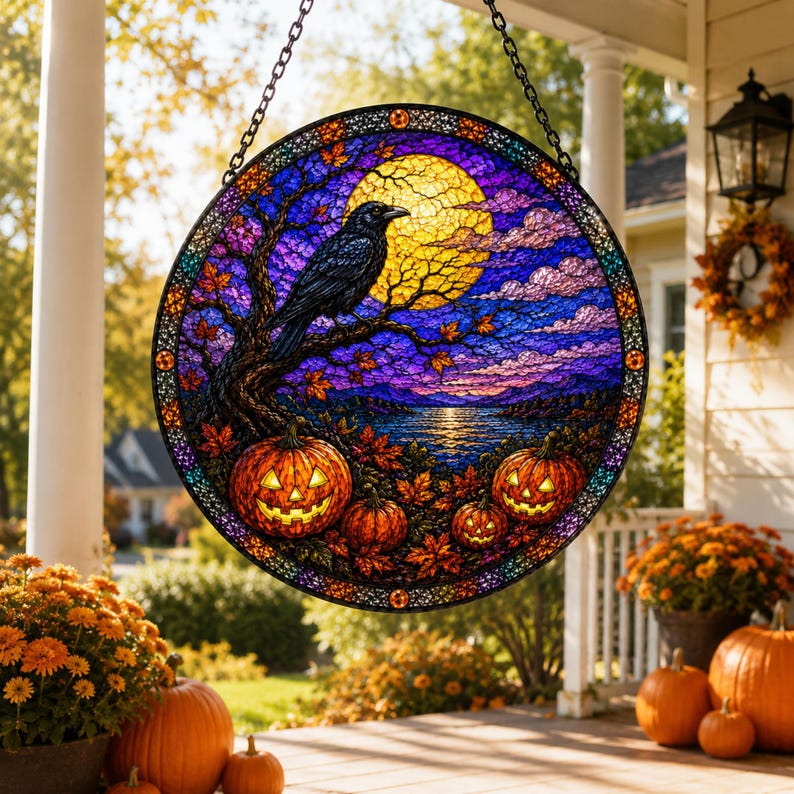 Halloween Stained Glass Suncatcher, Raven and Pumpkin Window Hanging, Full Moon Crow Decor