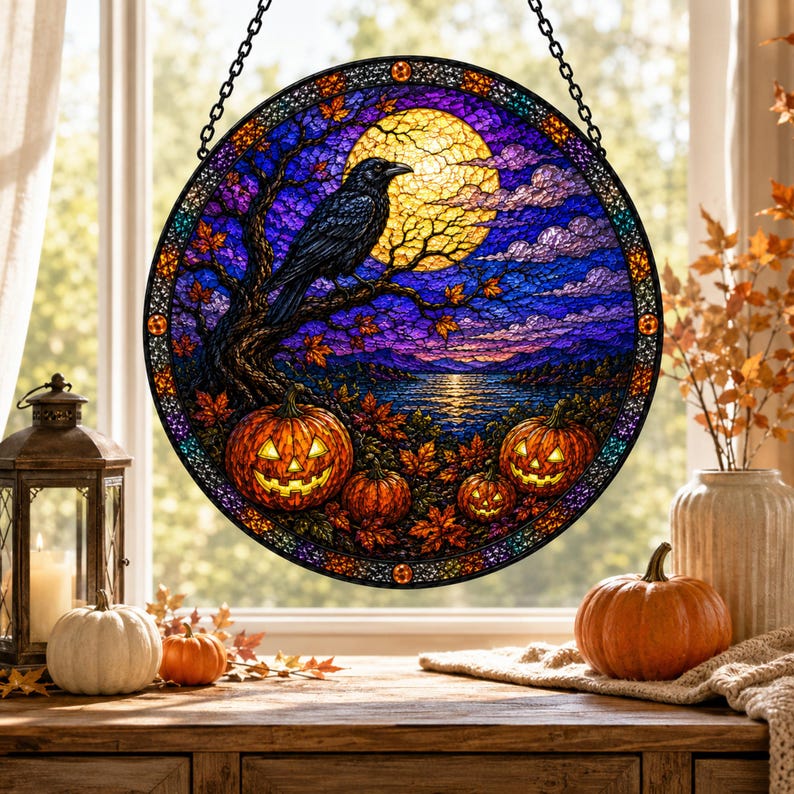 Halloween Stained Glass Suncatcher, Raven and Pumpkin Window Hanging, Full Moon Crow Decor