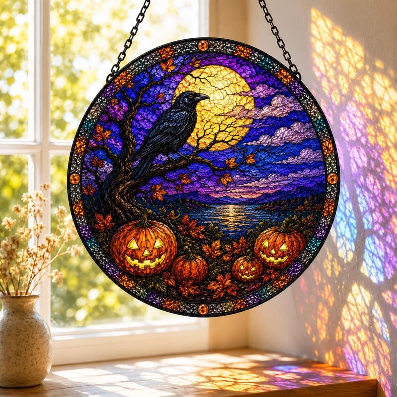 Halloween Stained Glass Suncatcher, Raven and Pumpkin Window Hanging, Full Moon Crow Decor