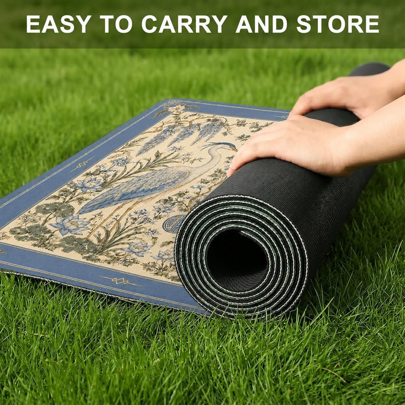 Heron Mahjong Mat, Blue Crane Chinoiserie Game Mat with Wisteria Lotus Design, Non-Slip Mah Jongg Table Cover