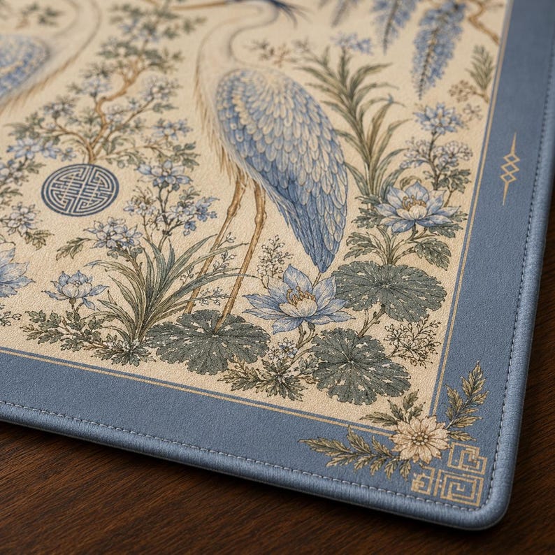 Heron Mahjong Mat, Blue Crane Chinoiserie Game Mat with Wisteria Lotus Design, Non-Slip Mah Jongg Table Cover