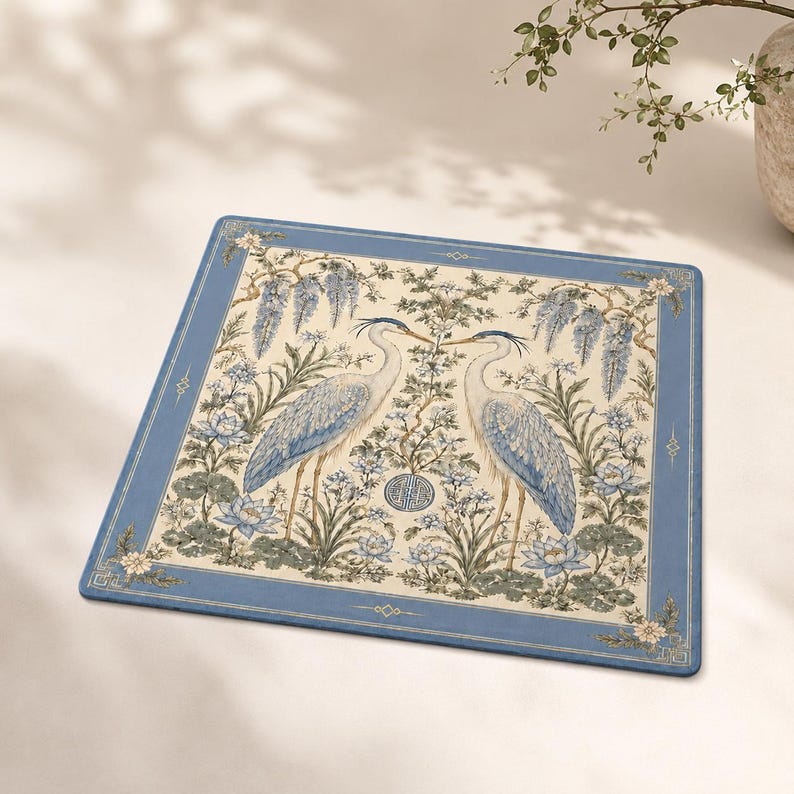 Heron Mahjong Mat, Blue Crane Chinoiserie Game Mat with Wisteria Lotus Design, Non-Slip Mah Jongg Table Cover