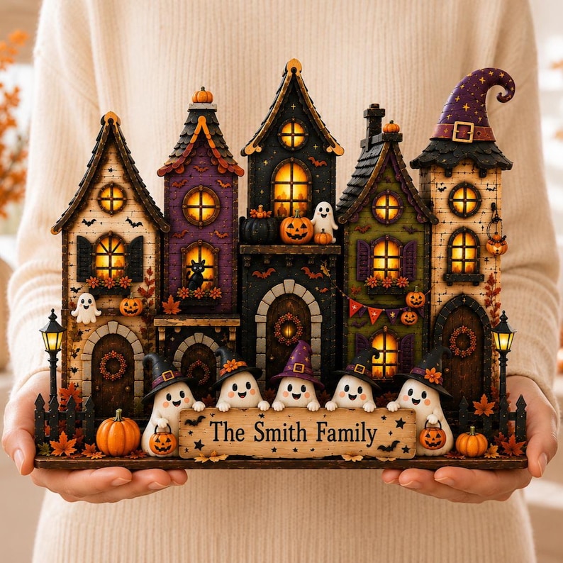 Personalized Village Halloween House Wood Sign, Custom Spooky Ghost Family Shelf Display