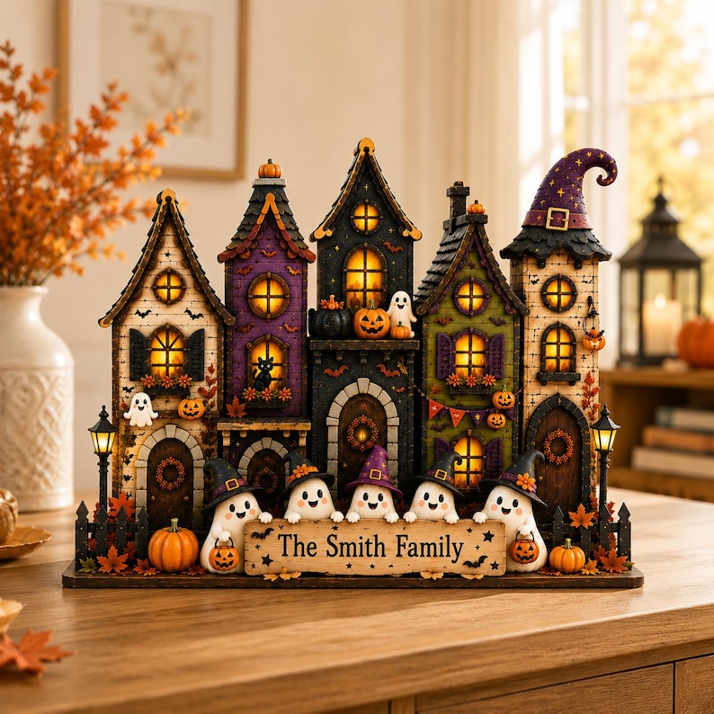 Personalized Village Halloween House Wood Sign, Custom Spooky Ghost Family Shelf Display