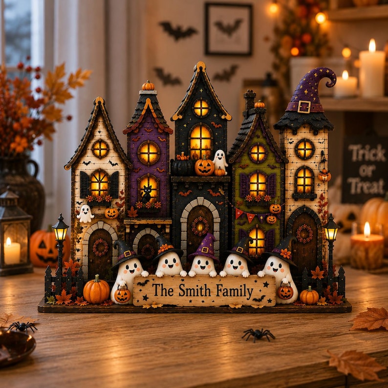 Personalized Village Halloween House Wood Sign, Custom Spooky Ghost Family Shelf Display