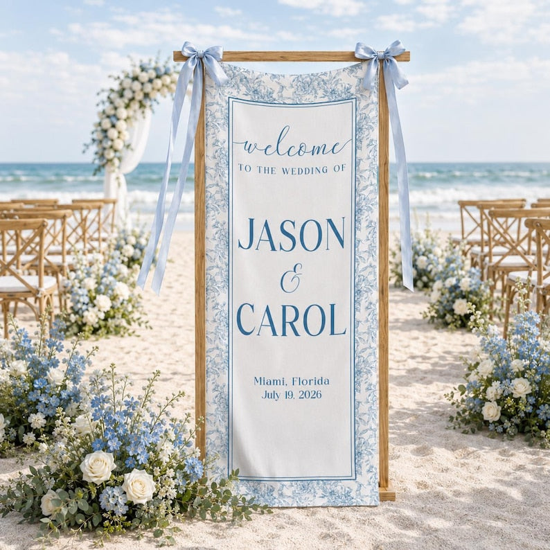 Personalized Wedding Welcome Sign, Toile Vertical Wedding Banner, Wedding Signage With Names