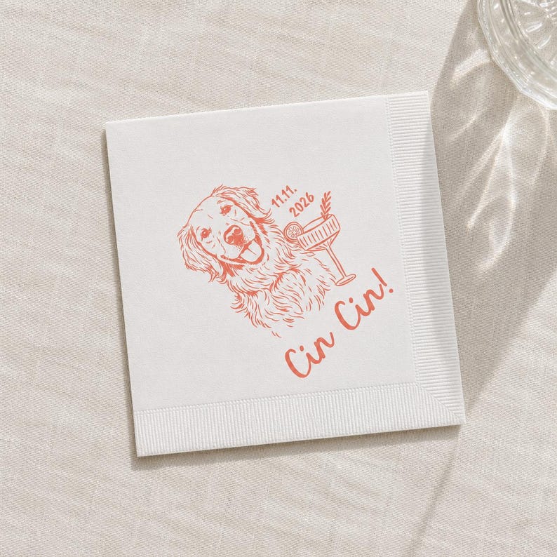 Custom Pet Illustration Cocktail Napkins, Personalized Dog Cat Wedding Bar Napkins, Rehearsal Dinner Party Gift