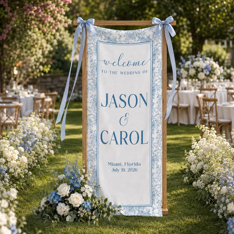 Personalized Wedding Welcome Sign, Toile Vertical Wedding Banner, Wedding Signage With Names