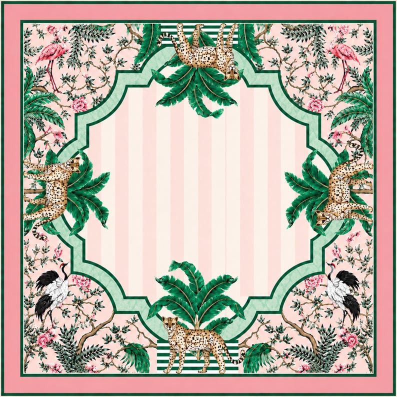 Tropical Cheetah Mahjong Mat, Pink Palm Chinoiserie Game Pad, Safari Resort Style
