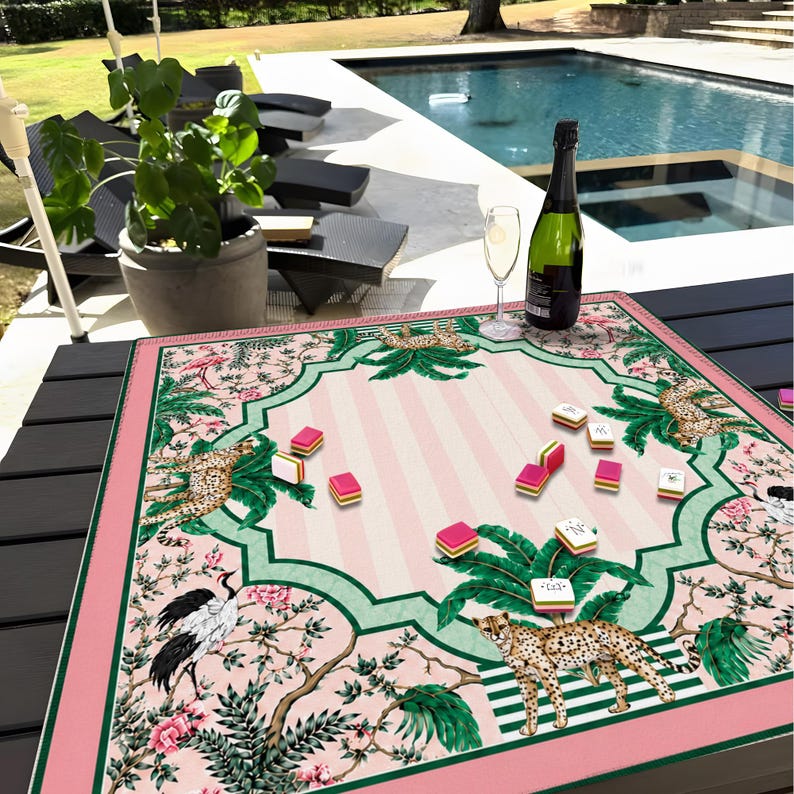 Tropical Cheetah Mahjong Mat, Pink Palm Chinoiserie Game Pad, Safari Resort Style