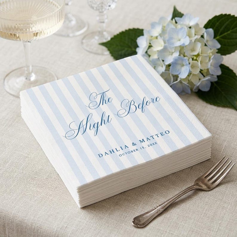 Personalized Rehearsal Dinner Napkins, Custom Text Cocktail Napkins, The Night Before Wedding, Blue Stripe Decor