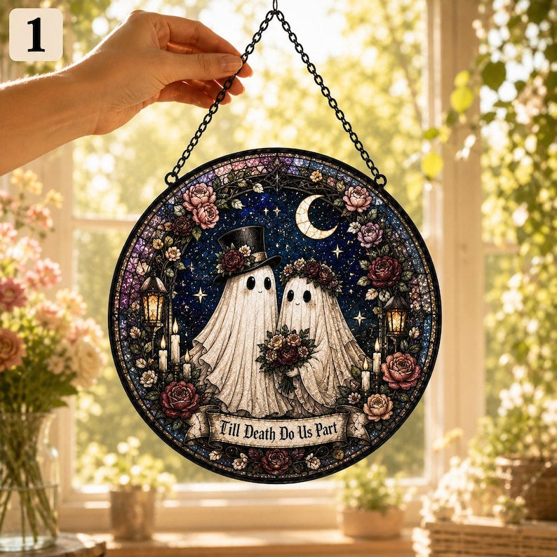 Personalized Ghost Couple Suncatcher, Custom Name Gothic Wedding Gift, Stained Glass Window Hanging