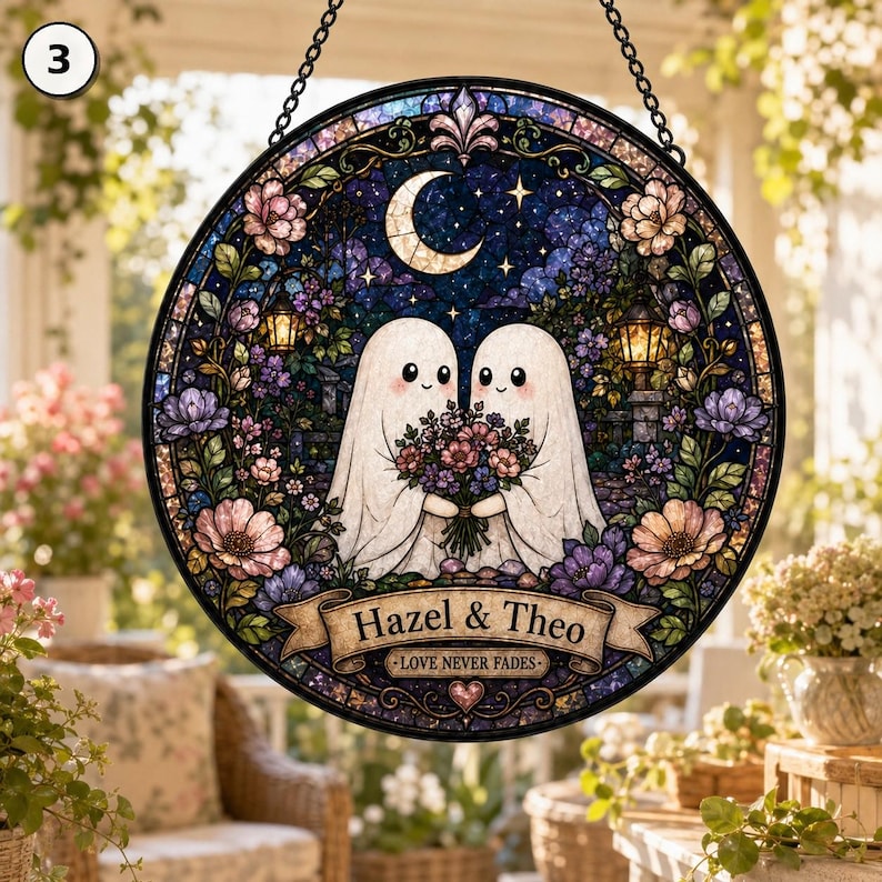 Personalized Ghost Couple Suncatcher, Custom Name Gothic Wedding Gift, Stained Glass Window Hanging