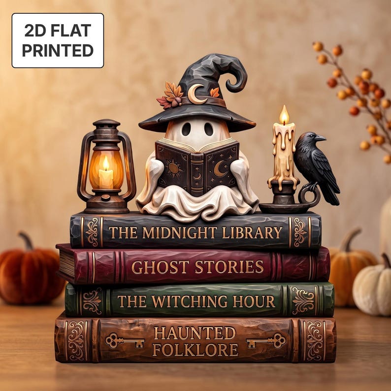 Personalized Witch Ghost Reader 2D FLAT Wooden Block, Custom Book Lover Gift, Halloween Decor