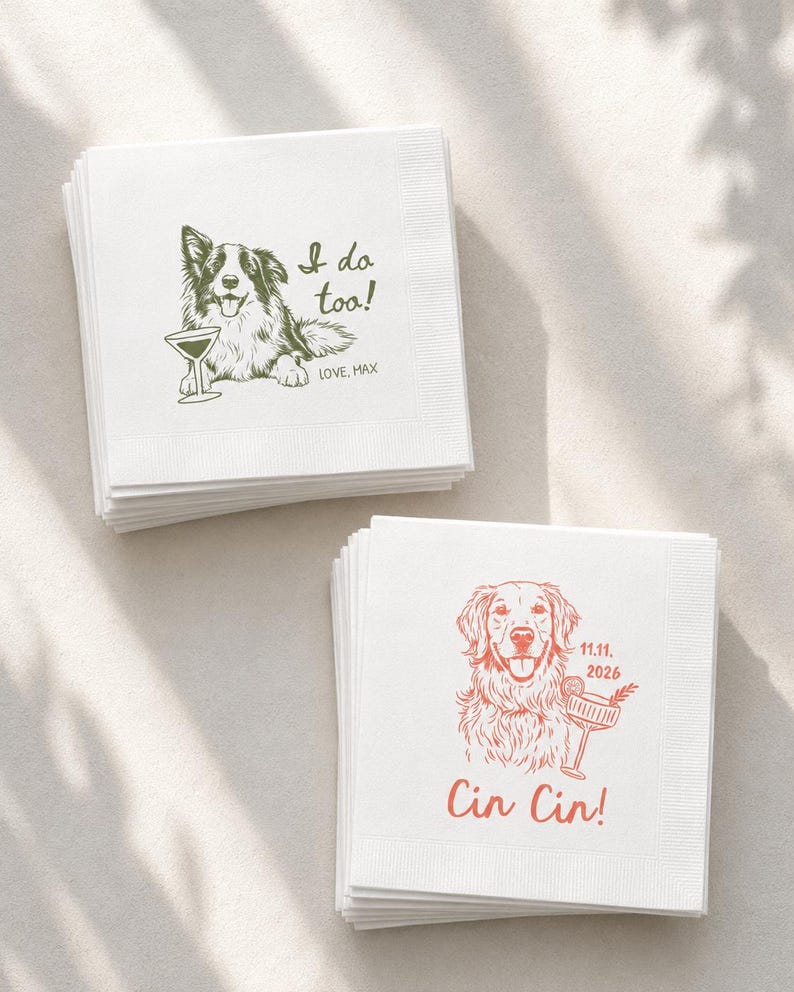 Custom Pet Illustration Cocktail Napkins, Personalized Dog Cat Wedding Bar Napkins, Rehearsal Dinner Party Gift