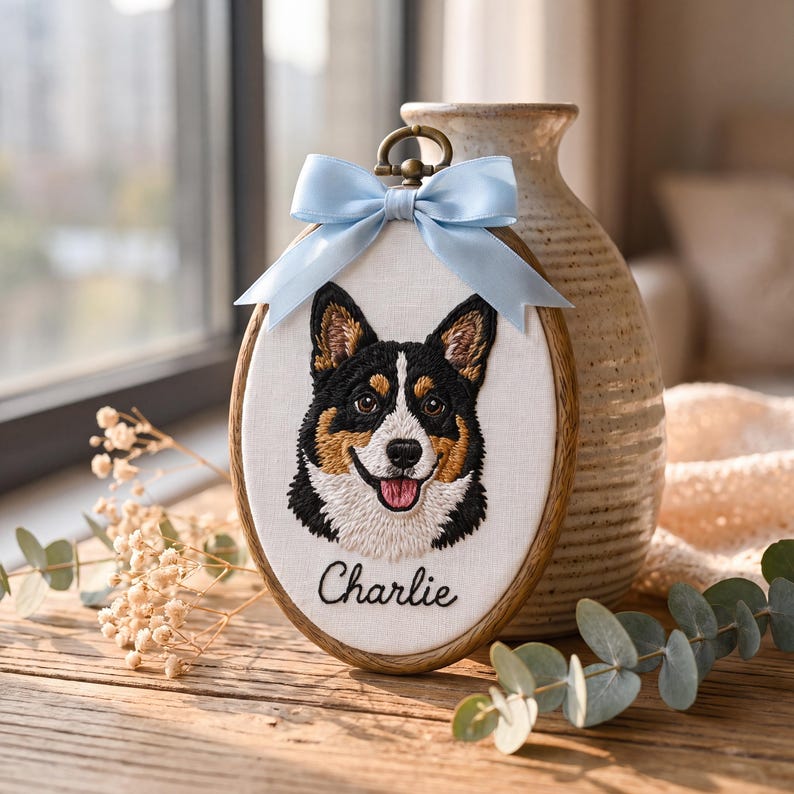 Personalized Pet Portrait Embroidery Hoop, Custom Dog Cat Portrait from Photo, Pet Memorial Gift