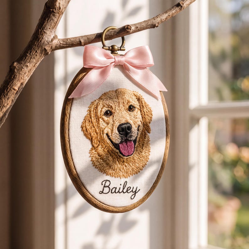 Personalized Pet Portrait Embroidery Hoop, Custom Dog Cat Portrait from Photo, Pet Memorial Gift