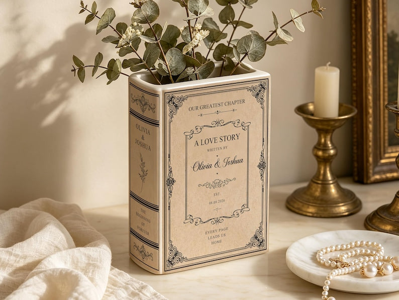 Book Shaped Vase, Personalised Toile De Jouy Ceramic Book Flower Vases