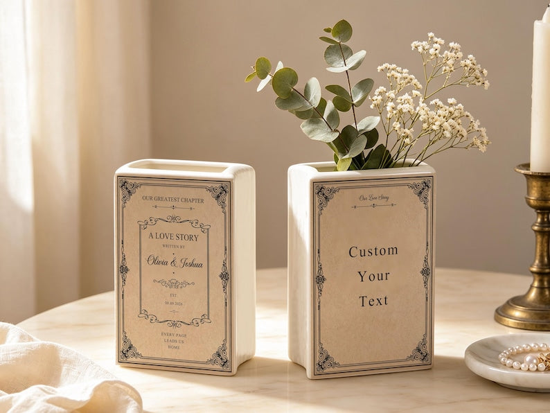 Book Shaped Vase, Personalised Toile De Jouy Ceramic Book Flower Vases