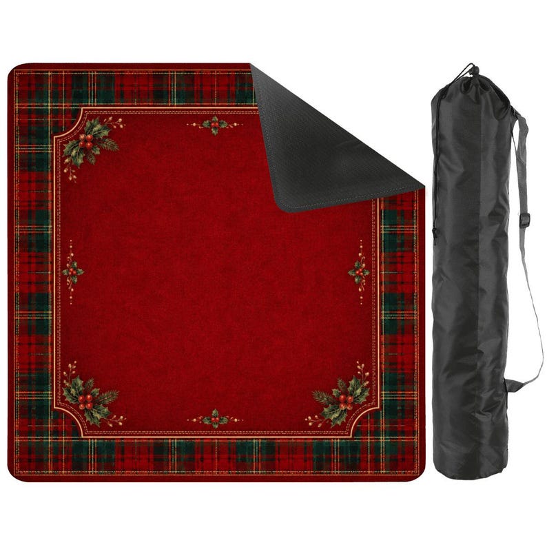 Christmas Mahjong Mat Red Plaid Holly Design, Holiday Mahjong Mat, Festive Game Night Gift