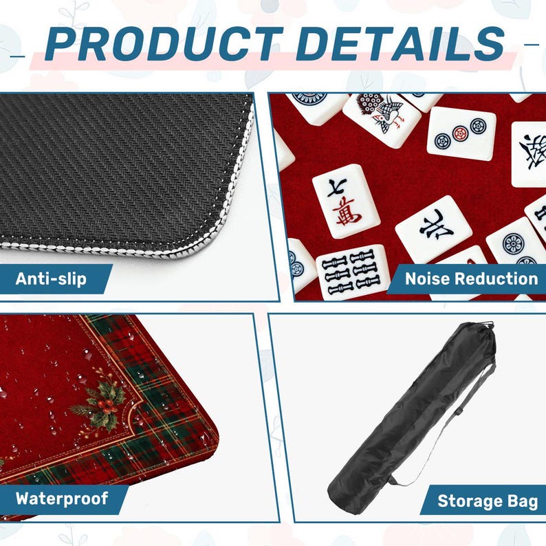 Christmas Mahjong Mat Red Plaid Holly Design, Holiday Mahjong Mat, Festive Game Night Gift